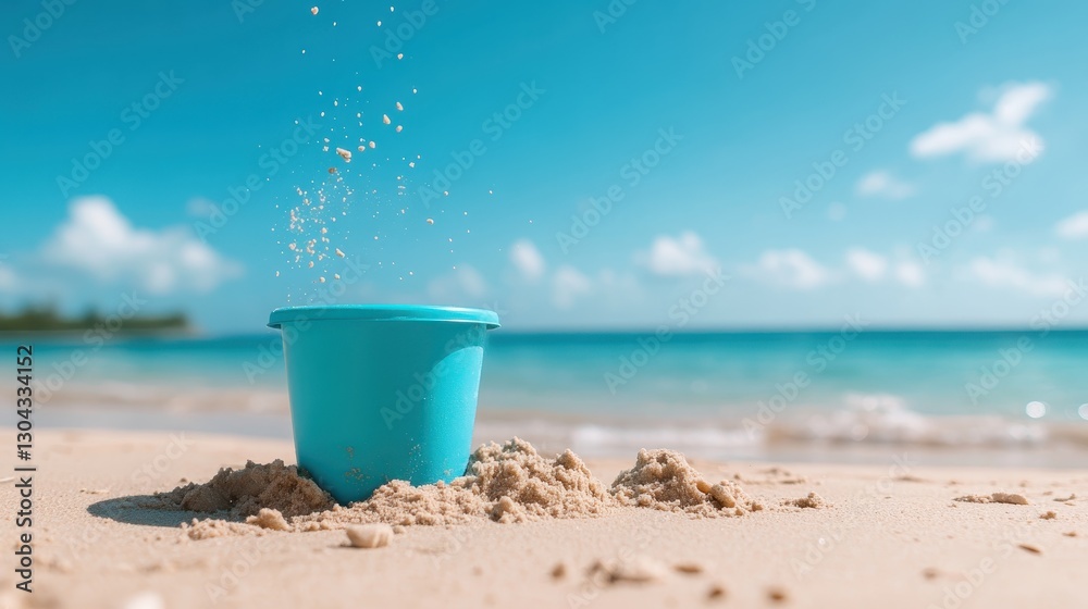 A calming beach image featuring a sand-filled blue bucket sitting on soft sands, symbolizing summer fun and the carefree nature of childhood by the ocean. A calming beach image featuring a sand-filled blue bucket sitting on soft sands, symbolizing summer fun and the carefree nature of childhood by the ocean.