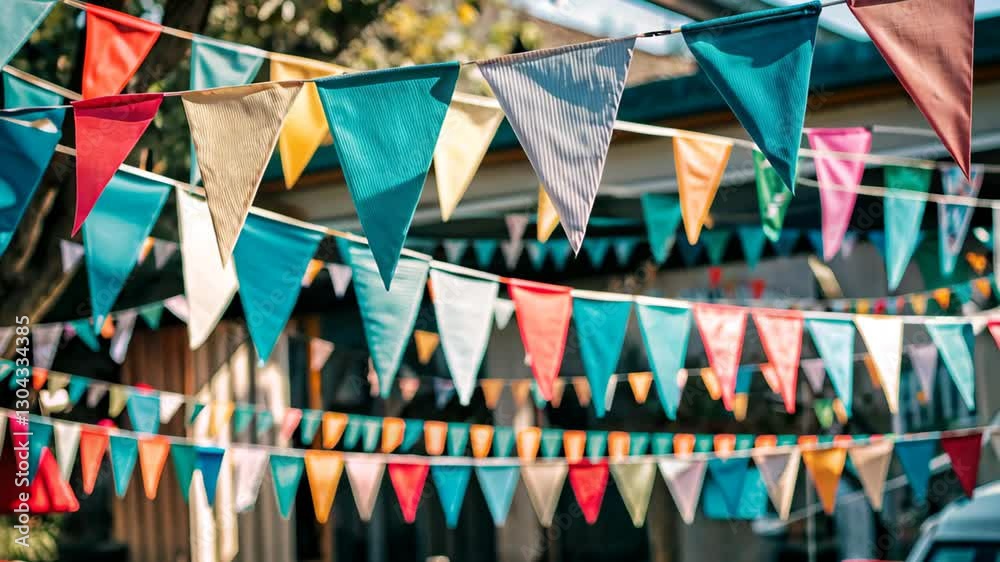 Colorful triangular flags in blur hanging outdoors, creating a festive atmosphere for a party, concept of event planning, celebration services, festive decorations