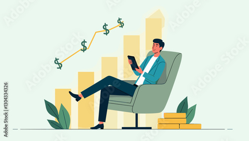 Investor relaxing on a growing profit chart, representing successful investment and profitable returns.