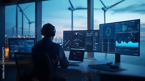 A high-tech offshore wind power hub equipped with AI-driven monitoring systems.