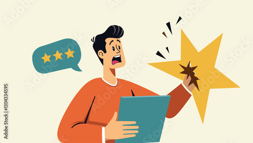 Male Consumer Expressing Negative Emotions and Destroying Star, Concept of Negative Feedback and Low Rating After Poor Service