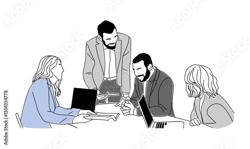 Business team members working together. Set of businessmen, businesswomen cartoon characters discussing, brainstorming. Vector simple outline hand drawn illustration Isolated