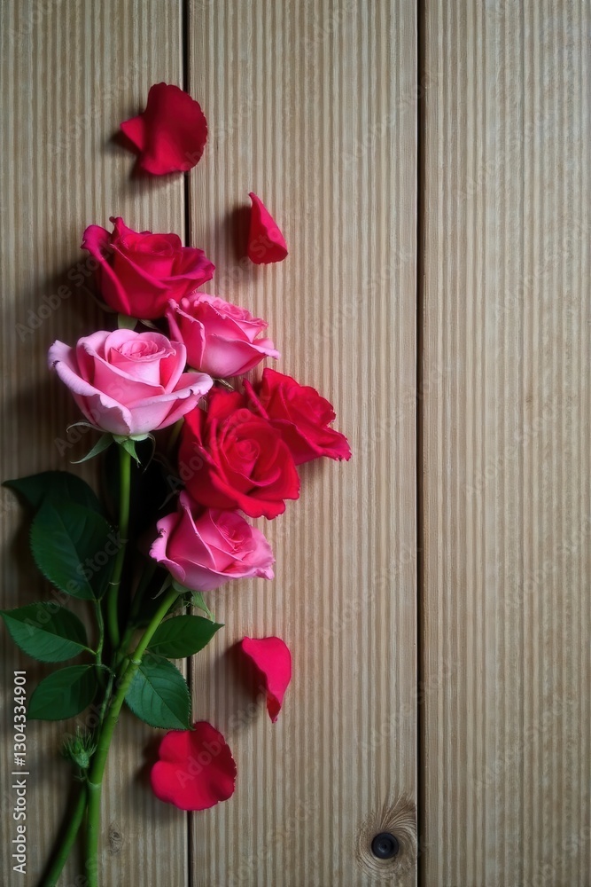 Romantic pink and red roses arranged artfully on a wooden surface Romantic pink and red roses arranged artfully on a wooden surface