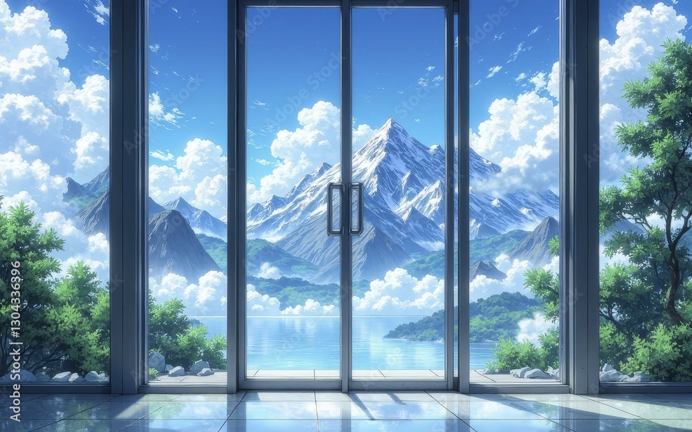 Fototapeta premium Digital Illustration of Glass Door Opening to Mountain Landscape with Snow Capped Peaks