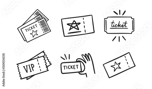  ticket with star and vip ticket doodle hand drawn icon set. Outline drawing ticket with star and vip ticket line clipart symbol collection