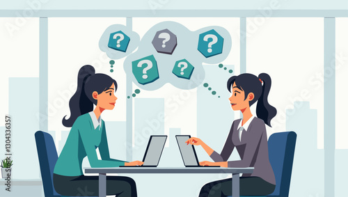Two businesswomen brainstorming solutions to business problems, unlocking strategies, and finding answers in a modern office setting.