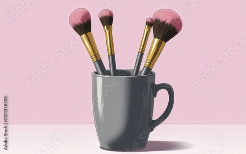 Digital Illustration of Makeup Brushes in Gray Ceramic Cup on Pink Background