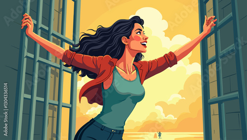 Woman Escaping Cage, Embracing Freedom and New Opportunities with Confidence and Energy