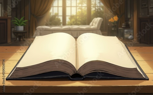 Digital Illustration of Warm Living Room with Sunlight, Book on Wooden Table