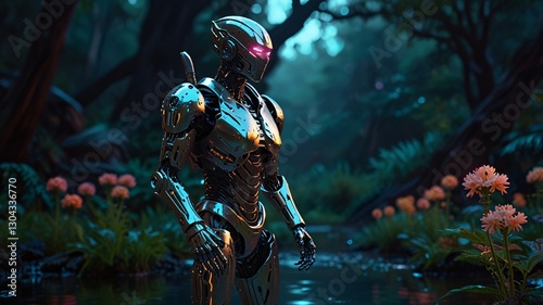 AI Robot Exploring Alien Planet – Bioluminescent Sci-Fi Landscape