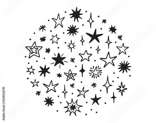 night sky stars doodle element circle shape set. Stars for print, wrapping paper, card, poster, banner. Cosmonautics Day print, astronomy, stars