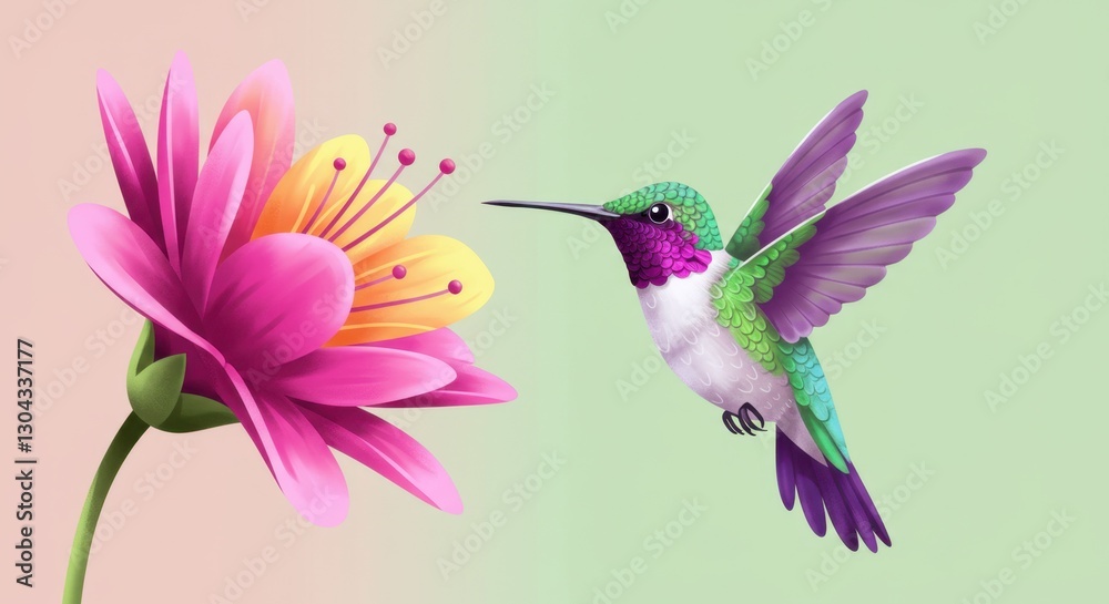 Naklejka premium Playful Hummingbird and Flower Illustration