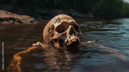 A haunting image of a floating skull in water, capturing the eerie beauty of nature while provoking reflections on life, mortality, and our connection to the natural world.