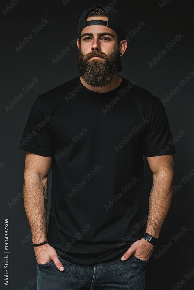 Naklejka premium Portrait of a man with a beard wearing a black t-shirt and cap