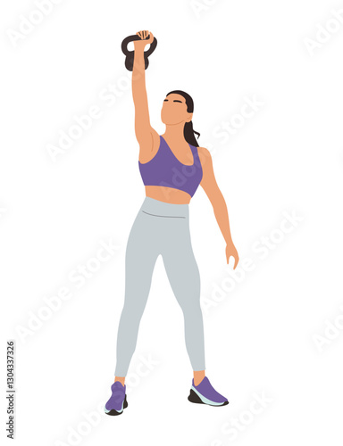 Young sportswoman exercising with dumbbell, wearing colorful sportswear uniform. Professional female athlete training. Pretty Girl character. Vector realistic illustration isolated 