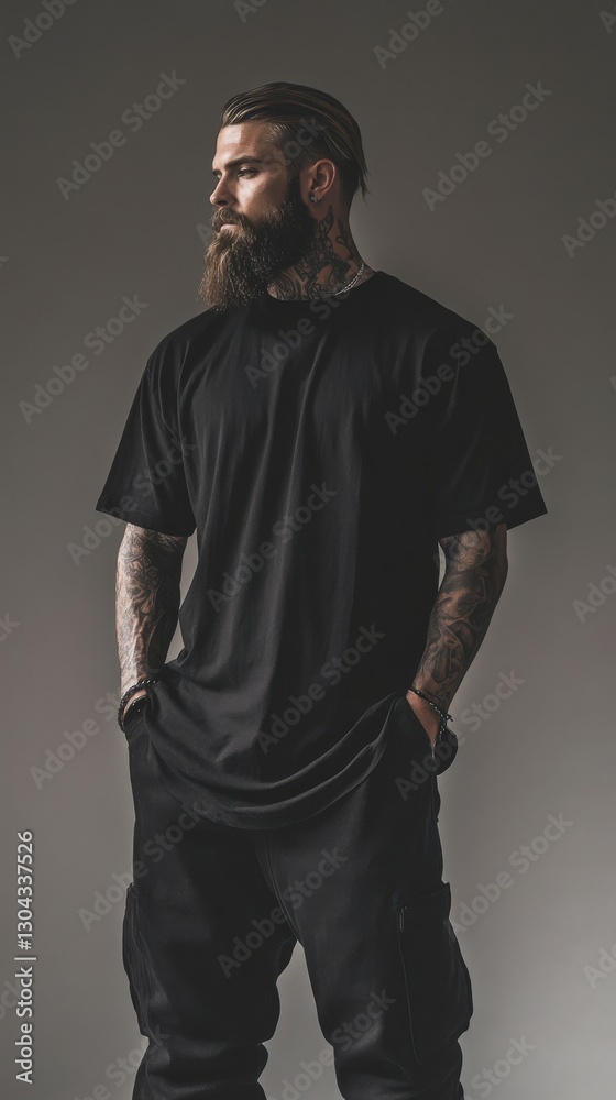 Man in black clothing with tattoos posing confidently indoors Man in black clothing with tattoos posing confidently indoors