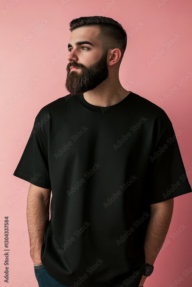 Man posing against a pink background with a casual expression Man posing against a pink background with a casual expression