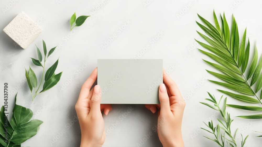Holding a minimalist business card made from recycled paper with leaf design. Generative AI Holding a minimalist business card made from recycled paper with leaf design. Generative AI