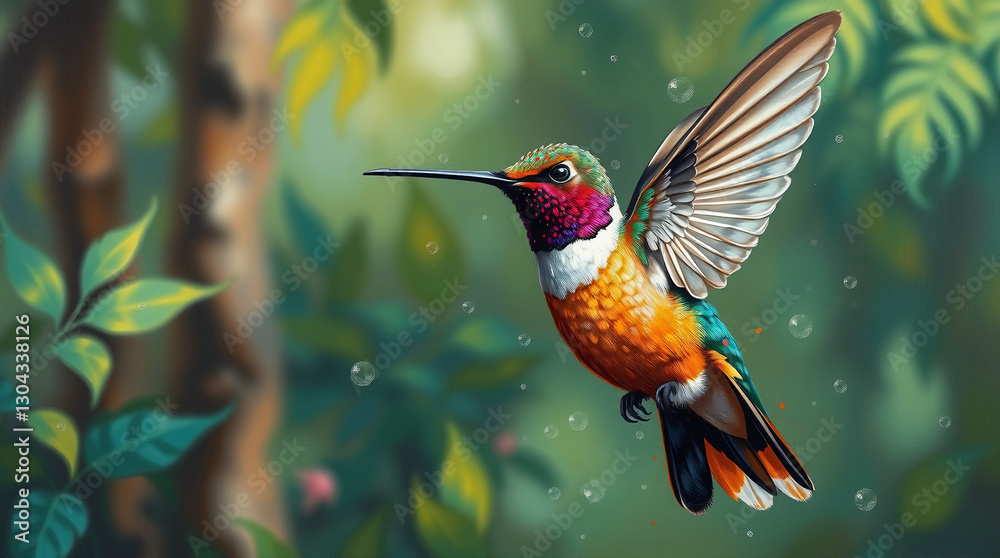 Fototapeta premium A bold acrylic painting of a colibri hummingbird in a forest with a blurry background, featuring vibrant colors, textured brushstrokes, a mystic enchanting environment, gentle color contrasts, and a d