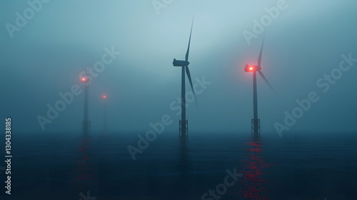 A mysterious offshore wind farm at night, with fog rolling across the dark sea and faint red warning lights.