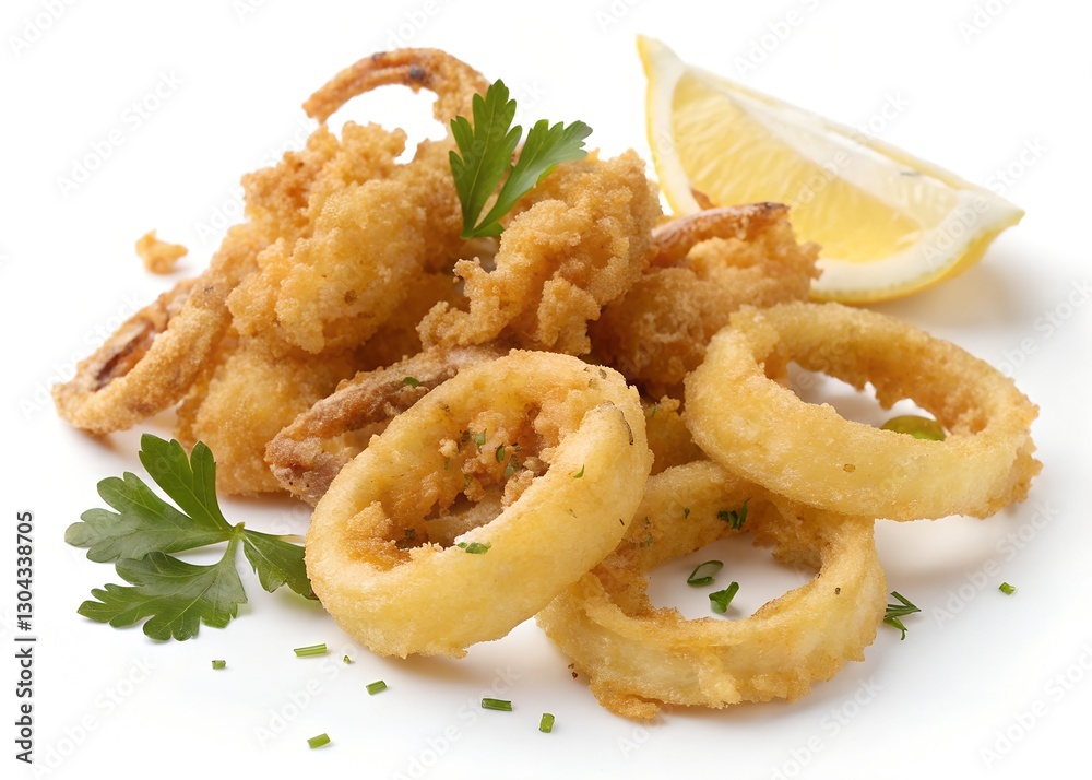Close up Fried calamari and onion rings isolated on a white background Close up Fried calamari and onion rings isolated on a white background