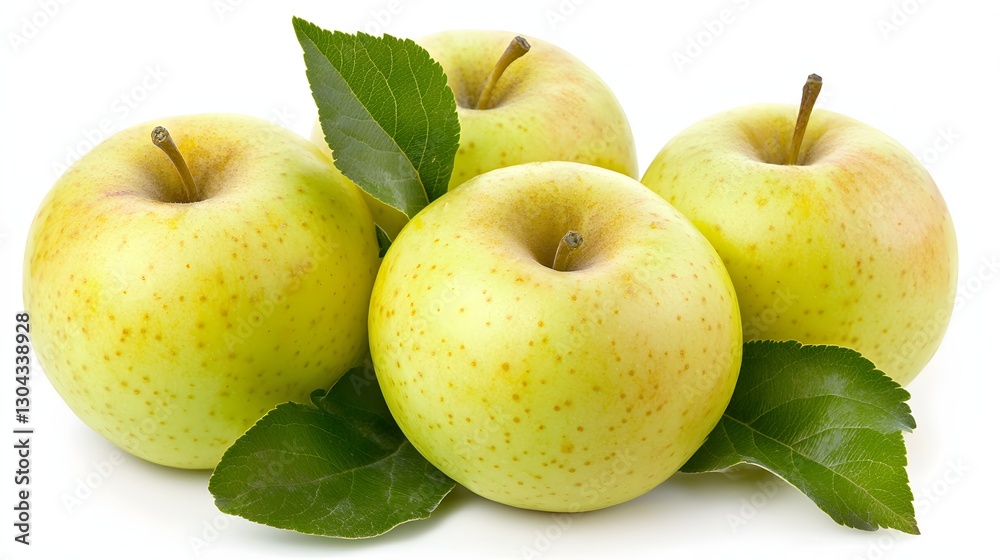 Four Fresh Green Apples Surrounded by Leaves on a White Background Four Fresh Green Apples Surrounded by Leaves on a White Background