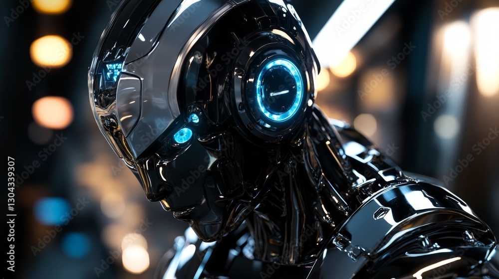 Futuristic chrome cyborg with illuminated blue eyes in a neon-lit environment Futuristic chrome cyborg with illuminated blue eyes in a neon-lit environment