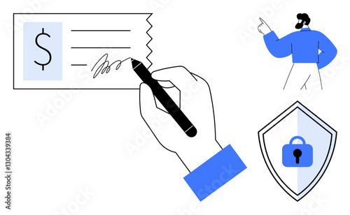 Hand signing a check, security shield with lock symbol, and man pointing for instruction. Ideal for finance, banking, security, payment protection, business transactions, fraud prevention financial