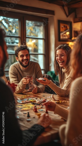 Cozy Game Night: A heartwarming scene of friends gathered around a wooden table, engrossed in a game, laughing together and savoring a relaxed evening filled with camaraderie.