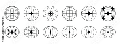 World globe retro grids in oval and round form with stars icons set. earth latitude and longitude line grid. futuristic design elements.