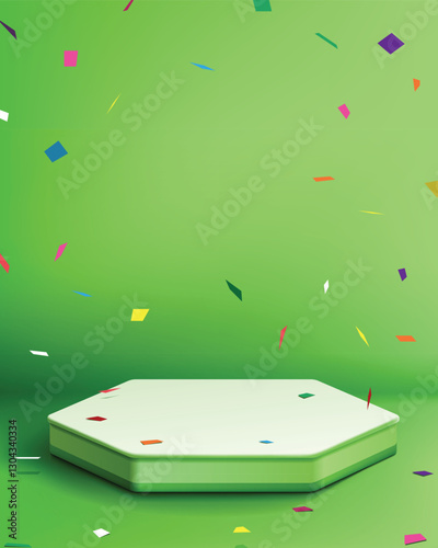 3d product presentation podium vector background on vibrant green background with with colorful confetti falling