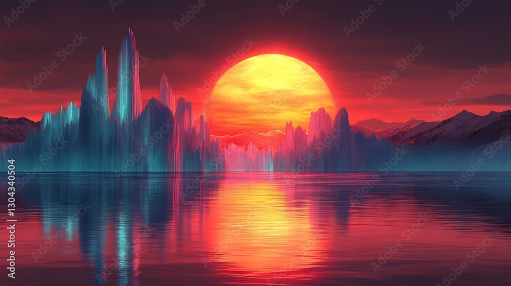 Obraz premium Vibrant sunset illuminates futuristic city skyline reflected serenely on calm water. AI Generated