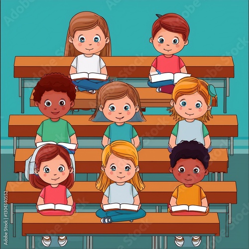 Children sitting on benches in the classroom at school, cartoon