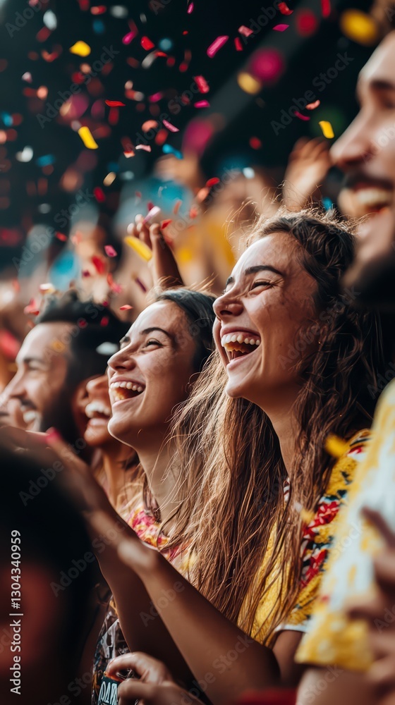 Obraz premium Festive Celebration: Capturing a vibrant moment of pure joy, with a crowd of people laughing, immersed in a confetti shower, embodies elation and celebration
