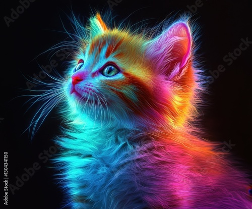 Brightly colored fluffy kitten with glowing fur in dark background