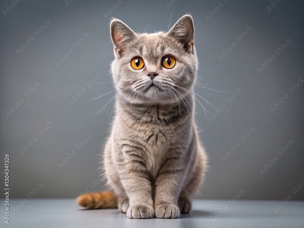 Adorable British Shorthair Kitten Posing on Grey, Cute Cat Stock Photo Adorable British Shorthair Kitten Posing on Grey, Cute Cat Stock Photo