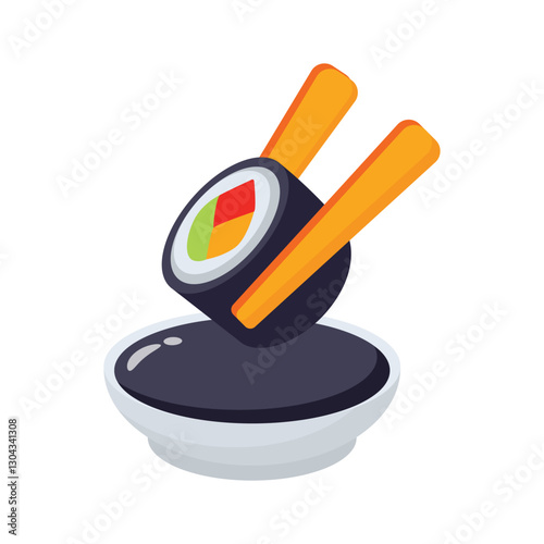 Easy to use 3d style icon of sushi with dip sauce