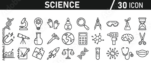 Science icon set in liner style. Biology, laboratory, experiment, test tube, scientist, research, physics, chemistry icons. Icons Vector illustration.