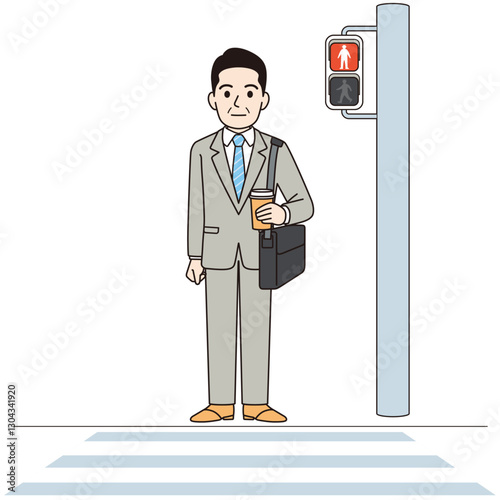 信号待ちの中年男性ビジネスパーソン　コーヒー
