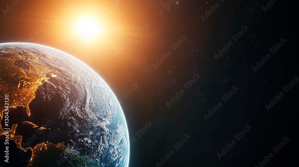 Fototapeta premium The Sun and Earth, showing their celestial positions with the Earth in orbit around the Sun. The planet is visible from space as sunlight illuminates its surface.