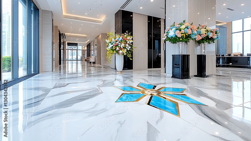 Fototapeta premium Luxurious Hotel Lobby Interior with Marble Floor Floral Arrangements and Modern Design