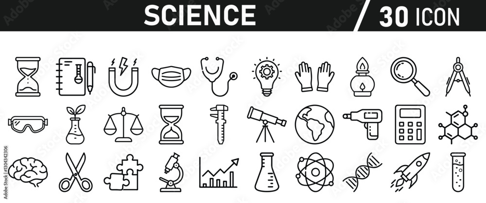 Science icon set in liner style. Biology, laboratory, experiment, test tube, scientist, research, physics, chemistry icons. Icons Vector illustration. Science icon set in liner style. Biology, laboratory, experiment, test tube, scientist, research, physics, chemistry icons. Icons Vector illustration.