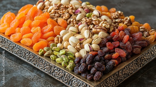 A vibrant tableau of dried apricots, walnuts, and pistachios, arranged artfully on a gleaming platter, a testament to nature is bounty and human artistry.