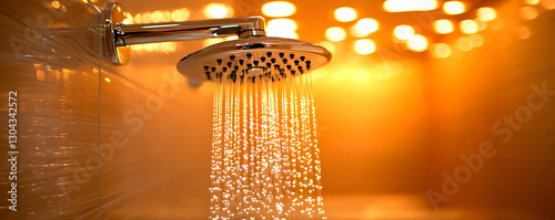 Shower water flows, bathroom, warm light