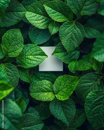 A pristine white square stands out prominently in the center of a lush, vibrant green area filled with various leafy plants and foliage, creating a striking contrast in nature.