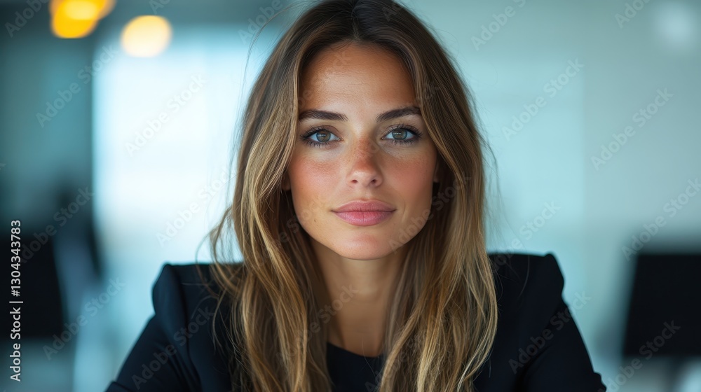 custom made wallpaper toronto digitalA captivating young woman with long hair and striking features gazes confidently at the camera in a modern office setting, radiating poise and self-assurance.