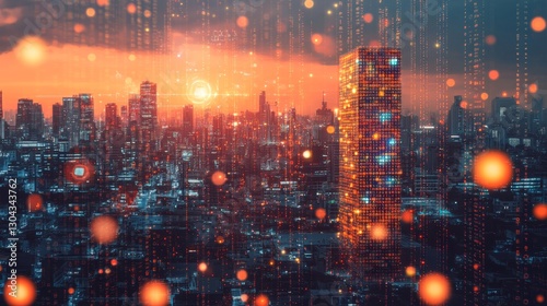 Wallpaper Mural Futuristic Cityscape Golden Data Tower at Sunset, Illuminated with Interconnected Network Circuitry Torontodigital.ca