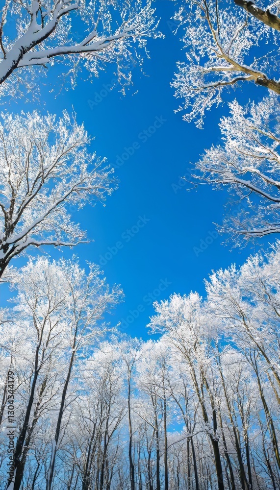 Winter Wonderland Snow Covered Trees Create a Circular Frame, Upward View, Blue Sky Winter Wonderland Snow Covered Trees Create a Circular Frame, Upward View, Blue Sky