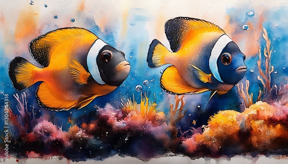 Fototapeta premium Fish swim coral reef in ocean