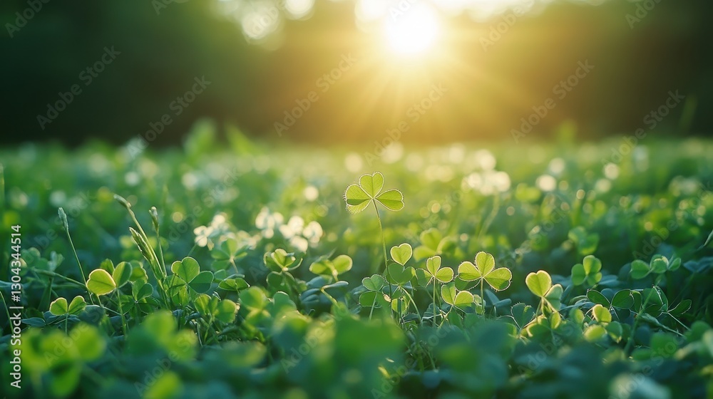 Obraz premium A verdant tapestry of fresh green clover leaves, their vibrant hue kissed by the sun, stood tall against the backdrop of a lush green meadow.